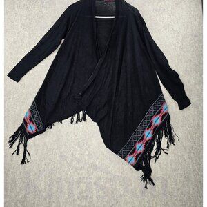 Black Open Front Fringe Cardigan With Patterned Hem & Long Sleeves Acrylic Blend